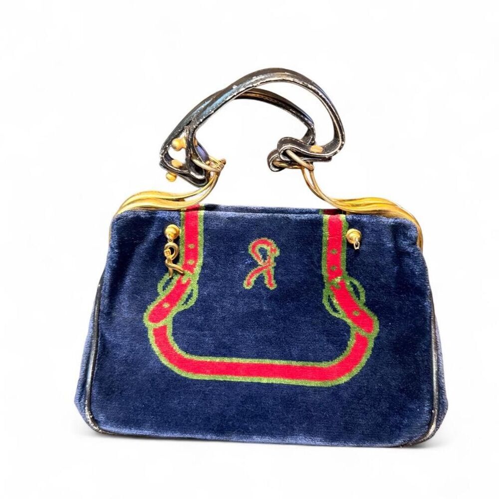 Vintage Roberta di Camerino Navy Velvet Trompe L’Oeil Handbag Kiss Lock - Picture 2 of 8